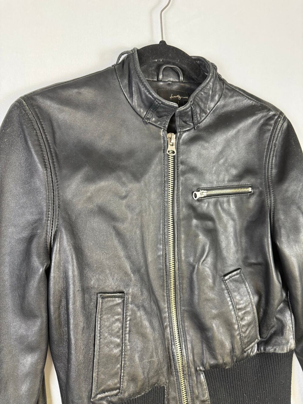Y2K Genuine Leather Moto Jacket Black Café Racer Bomber Women’s Size 1